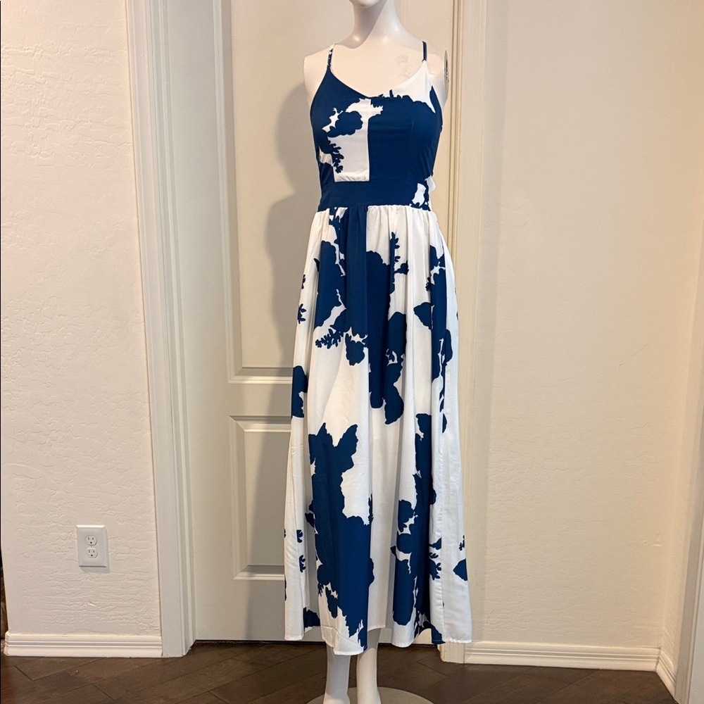 Navy and White Abstract Maxi Dress